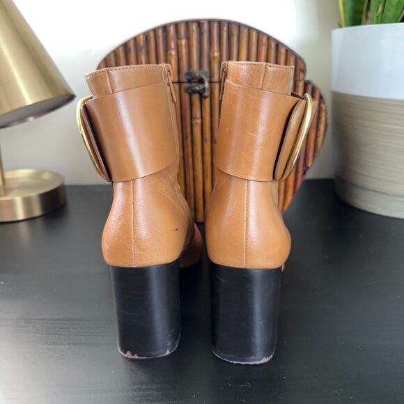 SEE BY CHLOE Hopper Leather Buckle Boots Block Heel Tan Brown Camel - Picture 6 of 9